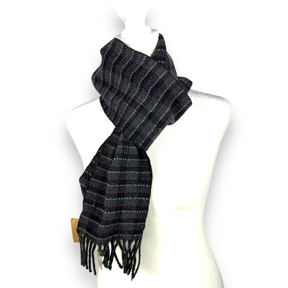 Avoca The Mill Lambswool Cashmere Chenille Blend Striped Scarf, Grey/Purple